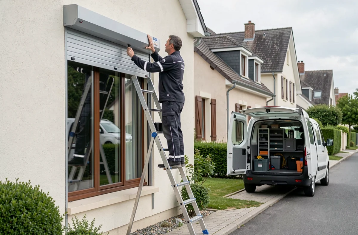 Technicien ACM Fermetures installant un volet roulant motorisé aluminium sur une maison des Yvelines