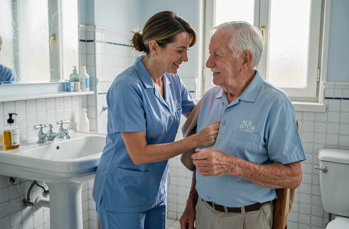 Auxiliaire Age d'Or Services Le Vésinet aidant un senior dans sa salle de bain carrelée
