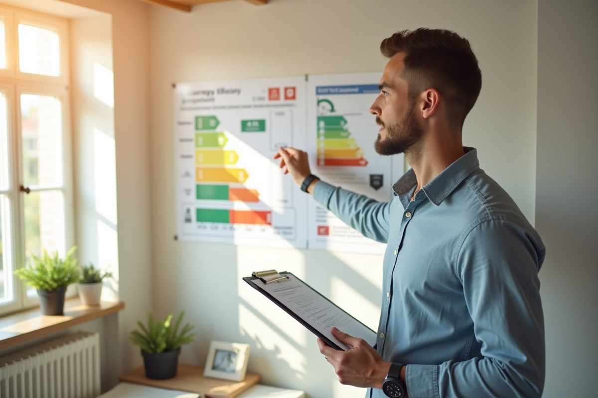 Agent immobilier montrant un graphique d energie dans un appartement