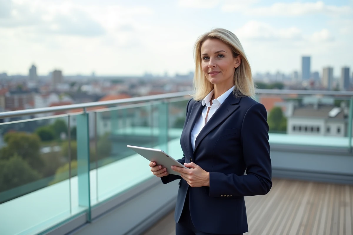 Agente immobilière professionnelle tenant une tablette avec des données de valorisation sur une terrasse rooftop moderne