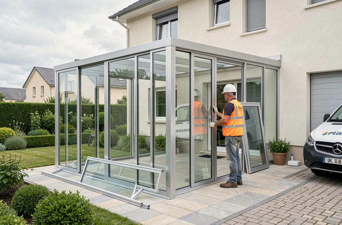 Installateur d'Aluminium Verandas Plaisir supervisant le montage d'une véranda aluminium sur une villa des Yvelines