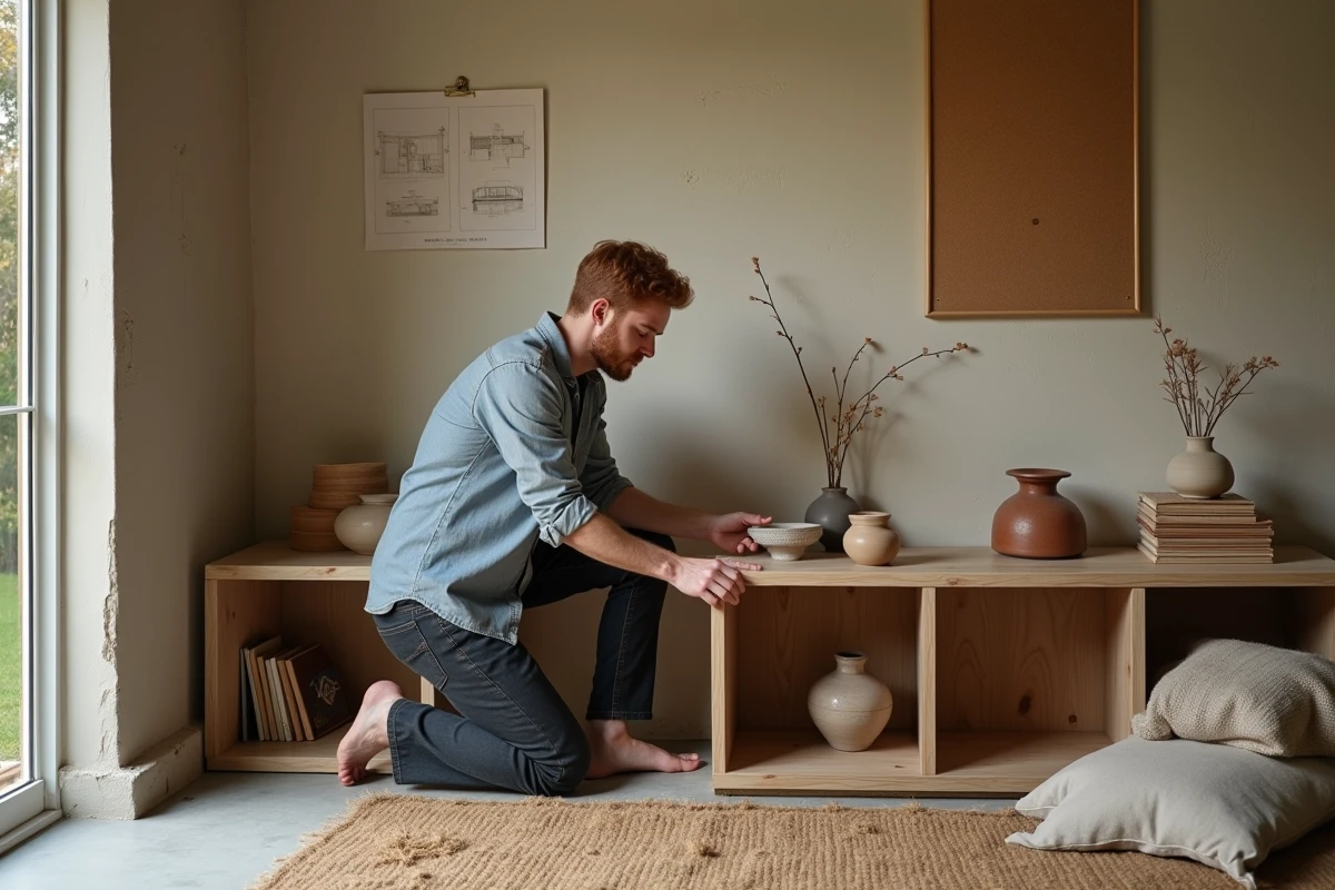 Homme aménageant un bureau à domicile à son propre rythme dans une pièce en cours de rénovation avec un style naturel et artisanal