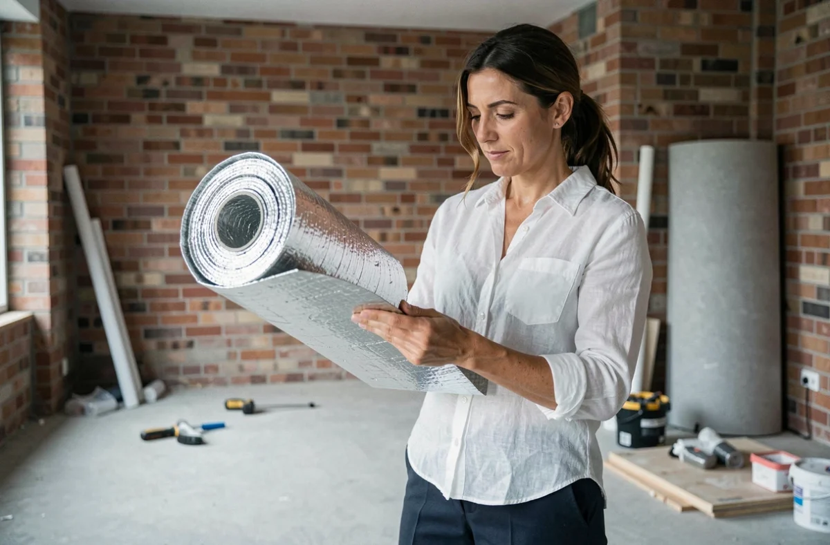 Architecte inspectant un rouleau d'isolant thermique réfléchissant dans une maison en cours de rénovation