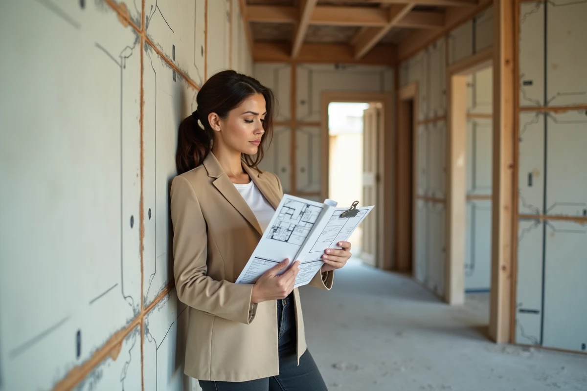 Architecte mesurant l'épaisseur d'un mur isolé lors d'une rénovation intérieure avec plan technique en main