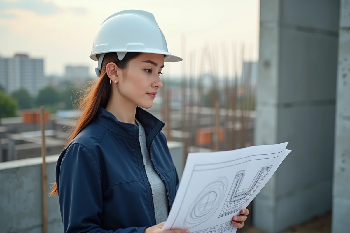 Architecte examinant des plans sur un chantier de construction d'un étage en parpaings