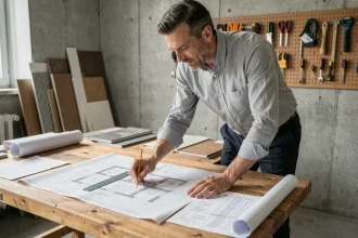 Architecte analysant les plans et le prix au mètre carré d'une construction de maison individuelle