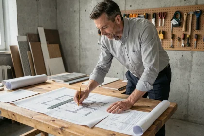 Architecte analysant les plans et le prix au mètre carré d'une construction de maison individuelle
