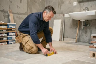 Artisan carreleur inspectant un chantier de rénovation de salle de bain avec un niveau à bulle