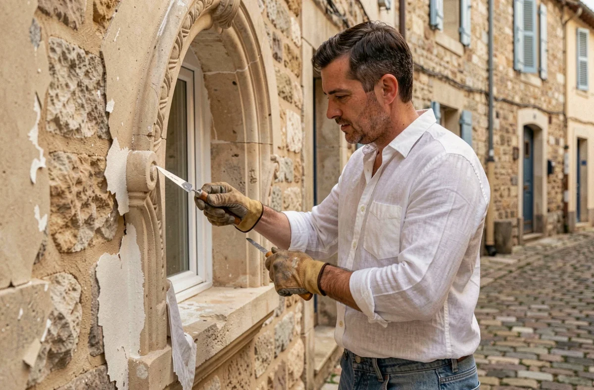 Artisan façadier 83 réalisant la finition à la main de moulures décoratives autour d'une fenêtre cintrée sur un bâtiment en pierre d'un village varois