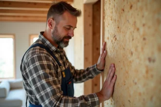 Artisan homme en overalls posant de la laine de bois dans une maison