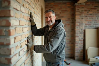 Artisan posant un panneau d'isolation en laine minérale sur un mur intérieur en brique lors de travaux de rénovation