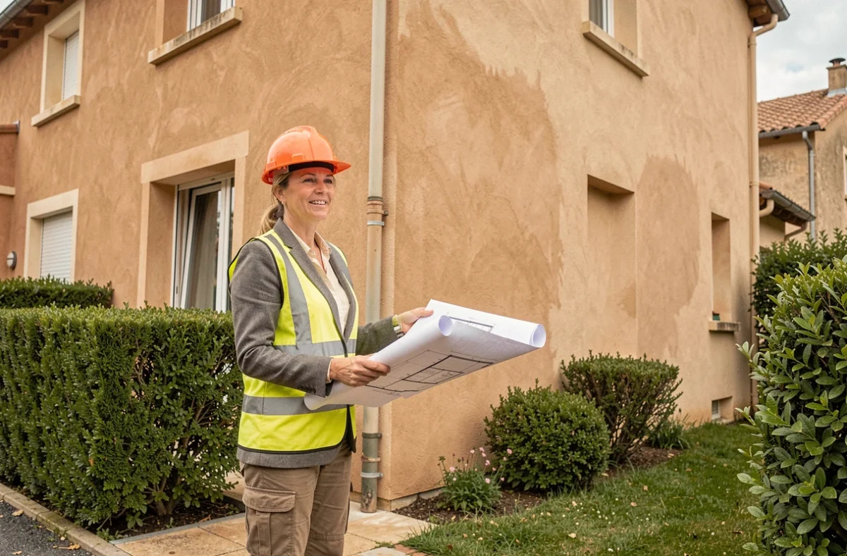 Chef de projet d'ASTOL Services devant une façade résidentielle fraîchement rénovée dans le Var, tenant des plans architecturaux et présentant le résultat du revêtement minéral