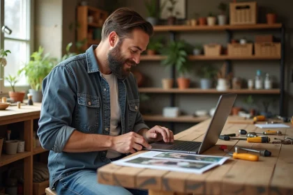 Homme d'âge moyen bricolant dans son atelier lumineux