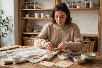 Femme préparant des matériaux pour un atelier DIY hygge avec étiquettes de prix artisanales sur une table en bois rustique