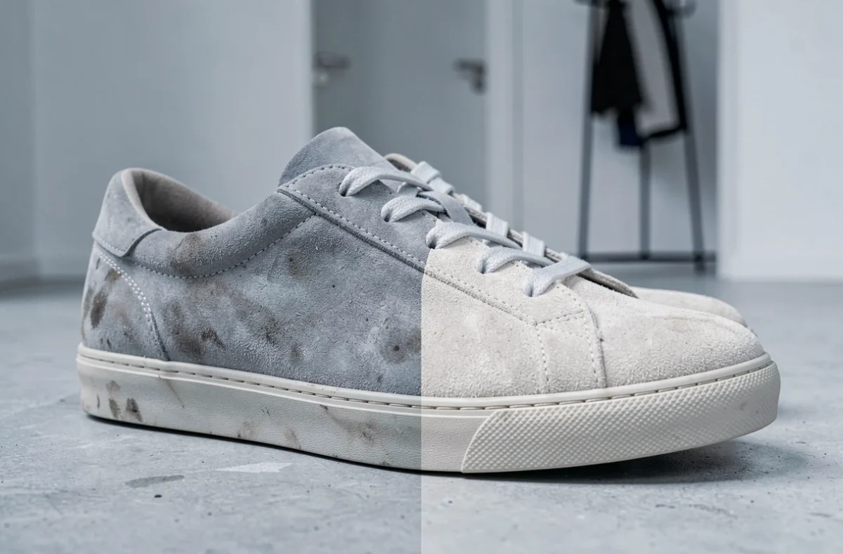 Basket en daim gris montrant la différence avant et après nettoyage avec une gomme à nubuck