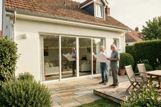 Couple examinant des plans devant une grande baie vitrée coulissante de 4 mètres sur une maison moderne