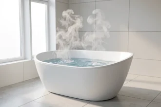 Baignoire blanche avec des bulles dans une salle de bain claire