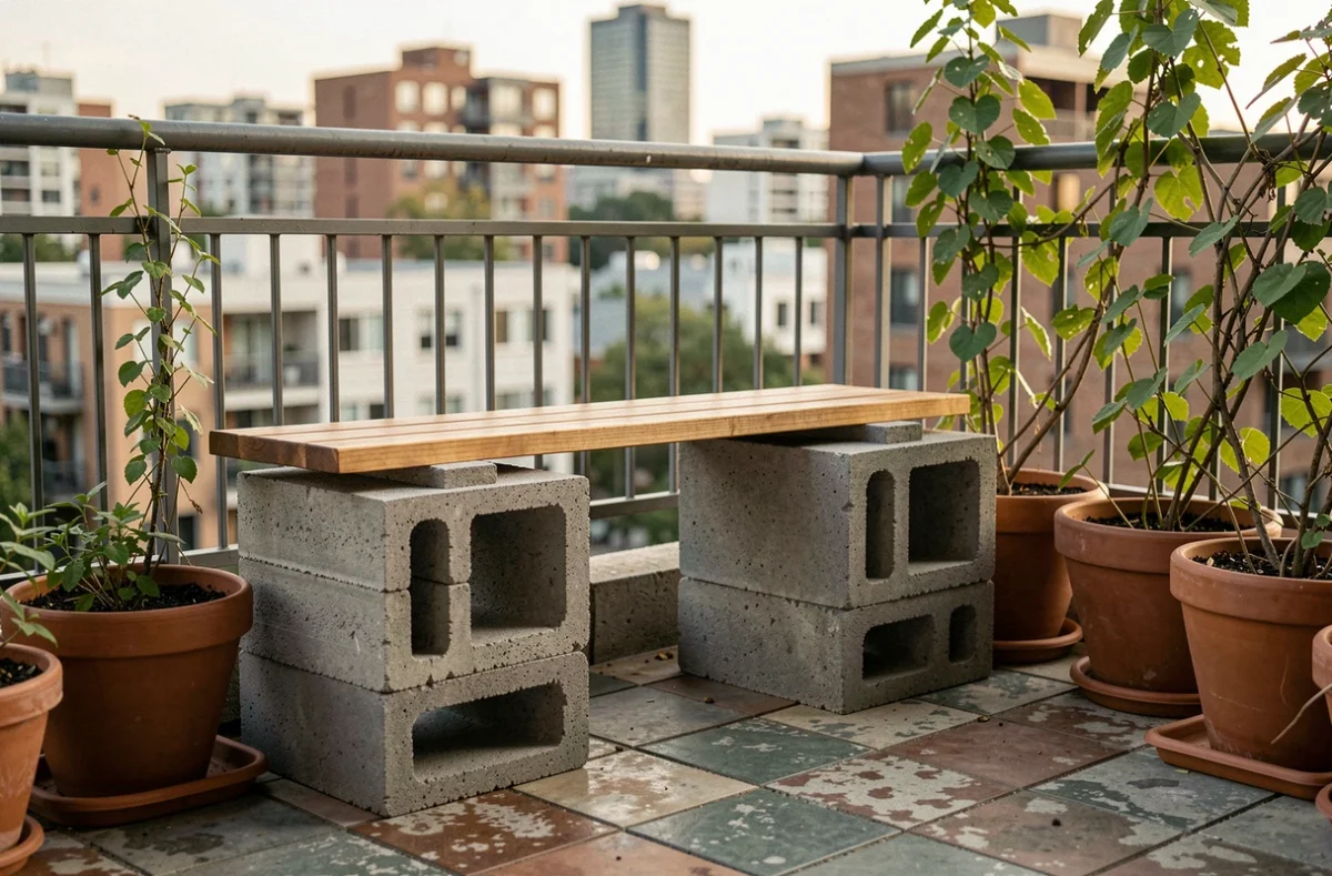 Banc extérieur en béton cellulaire sur balcon urbain avec plateau en bois et plantes en pot