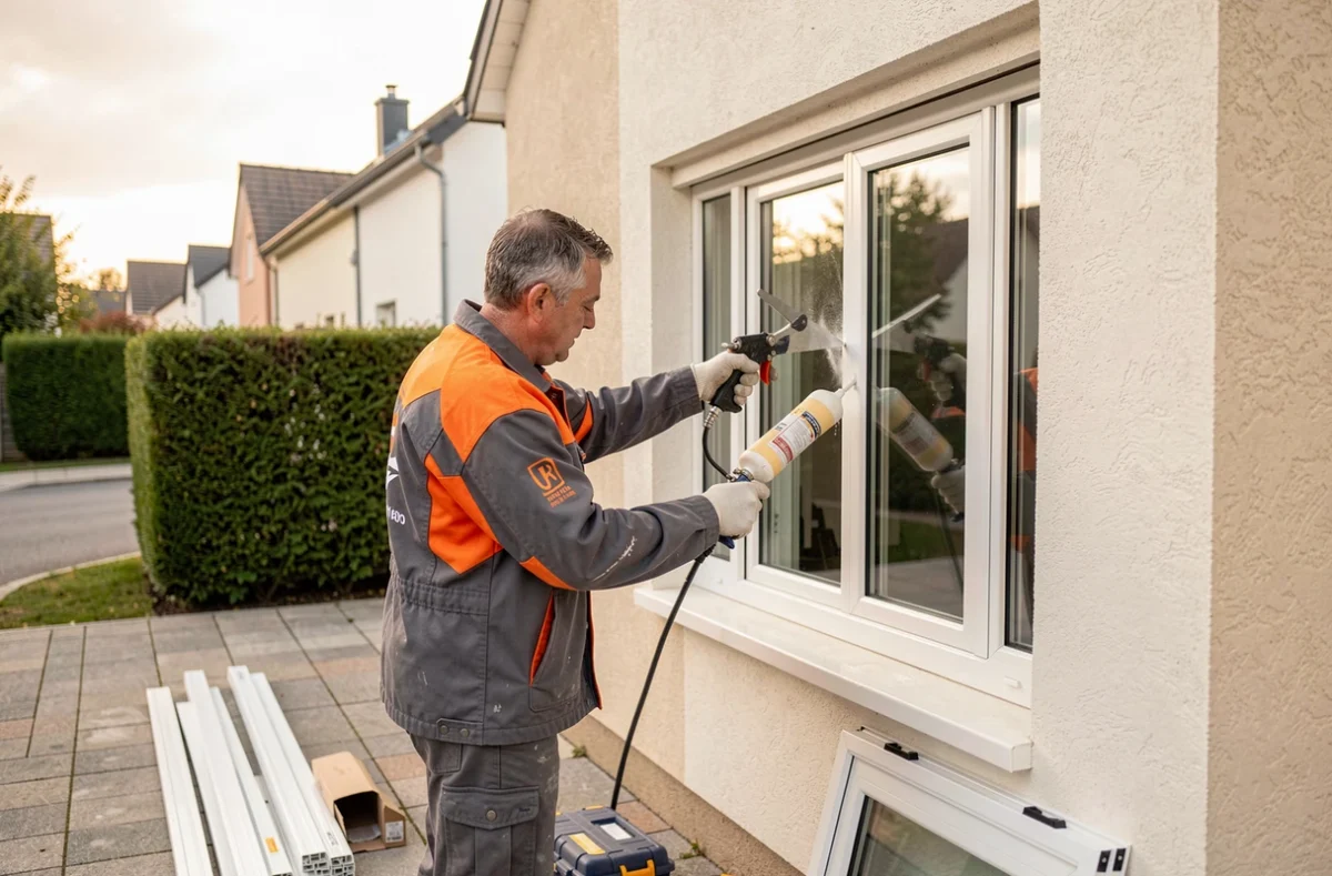 Artisan Batireno appliquant un joint d'étanchéité autour d'une baie vitrée PVC installée dans une maison des Yvelines
