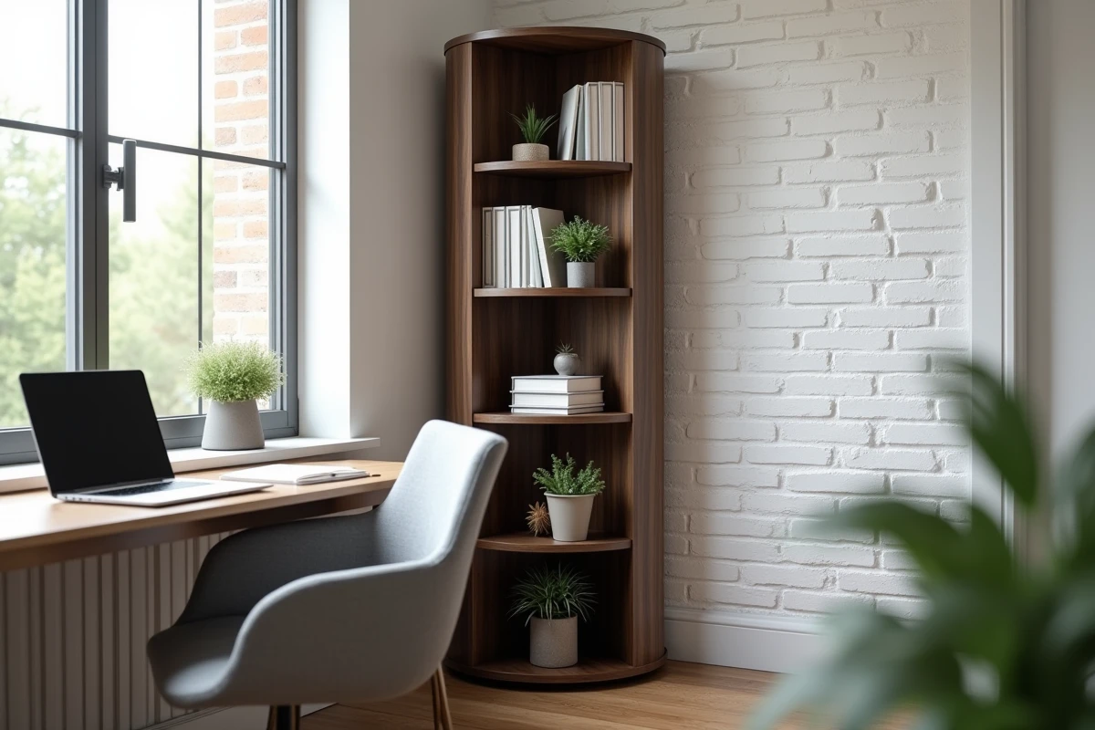 Bibliothèque tournante cylindrique en noyer dans un bureau à domicile compact avec étagères organisées