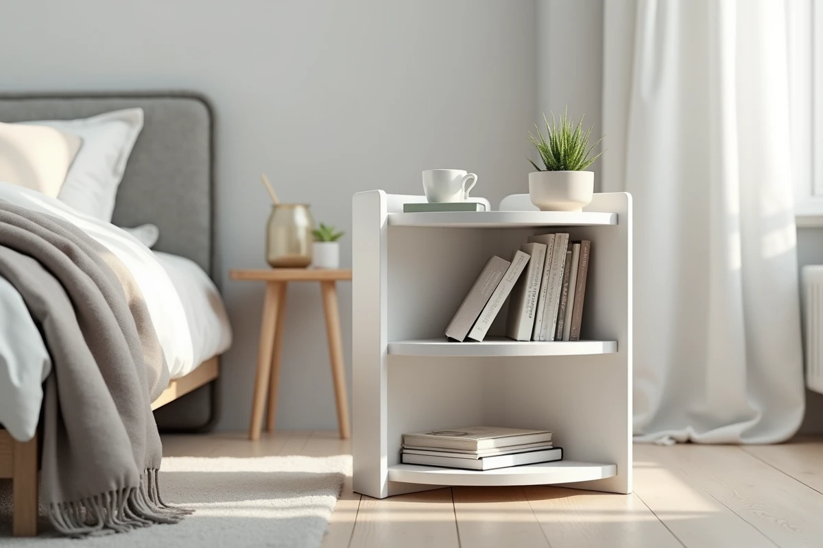 Petite bibliothèque tournante blanche laquée dans une chambre minimaliste scandinave avec livres et plante