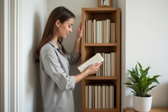 Femme choisissant un livre sur une bibliothèque tournante en chêne clair dans un petit appartement parisien