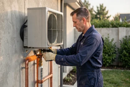 Technicien HVAC branchant les tuyaux en cuivre d'une pompe à chaleur air eau sur une maison résidentielle moderne