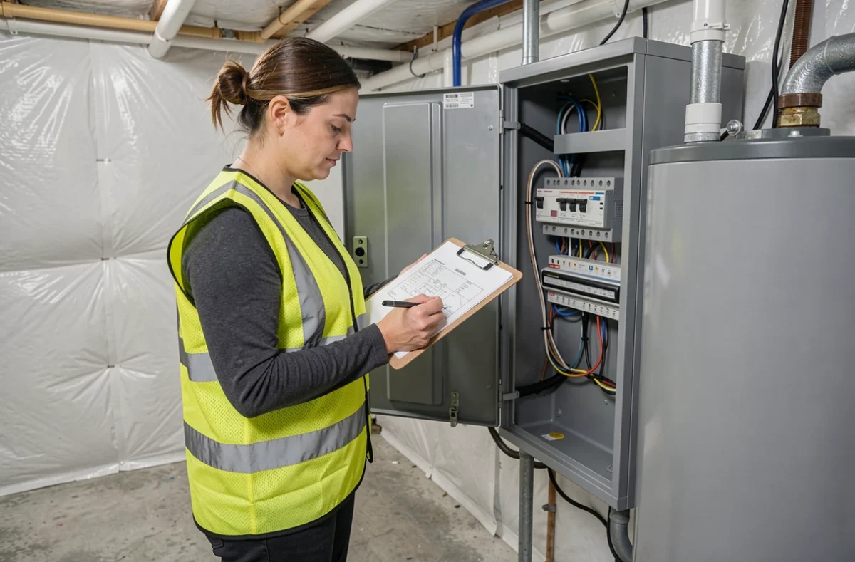 Technicienne en énergie consultant un schéma de câblage devant le tableau électrique d'une pompe à chaleur