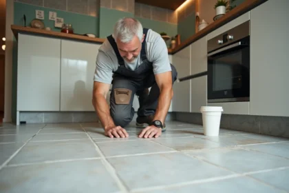 Carreleur moyen âge posant des carreaux de cuisine
