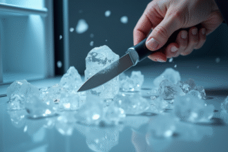 Personne cassant la glace du freezer avec un couteau en métal