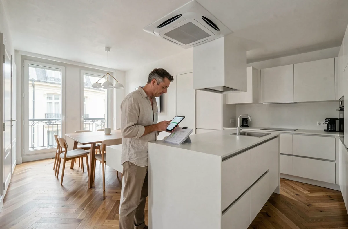Cassette de climatisation réversible intégrée au plafond d'un appartement avec cuisine ouverte moderne