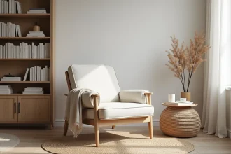 Chaise de lecture scandinave en bois de frêne clair avec tapisserie bouclé ivoire, posée près d'une bibliothèque dans un salon épuré et chaleureux
