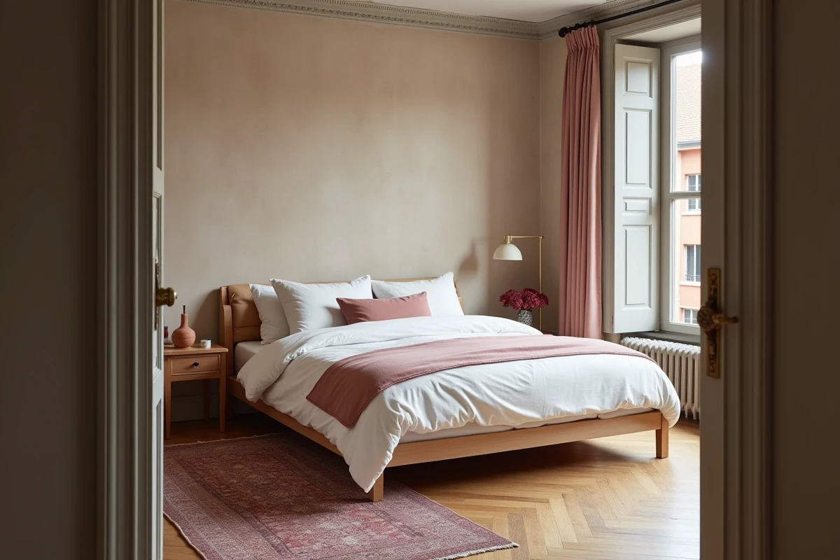 Chambre rénovée dans un appartement lyonnais avec décoration intérieure soignée, tête de lit en bois artisanal, mur en stuc greige et parquet ancien