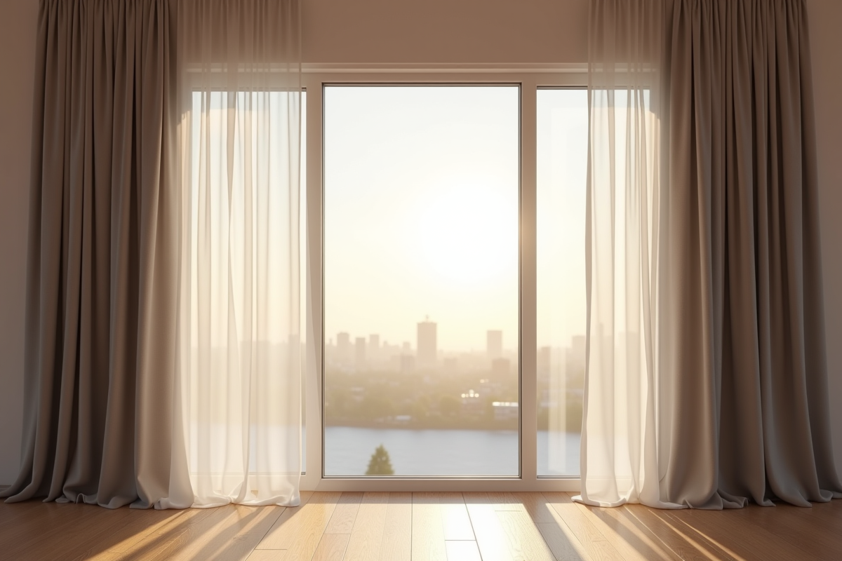 Chambre moderne avec rideaux en voile et lumière du matin