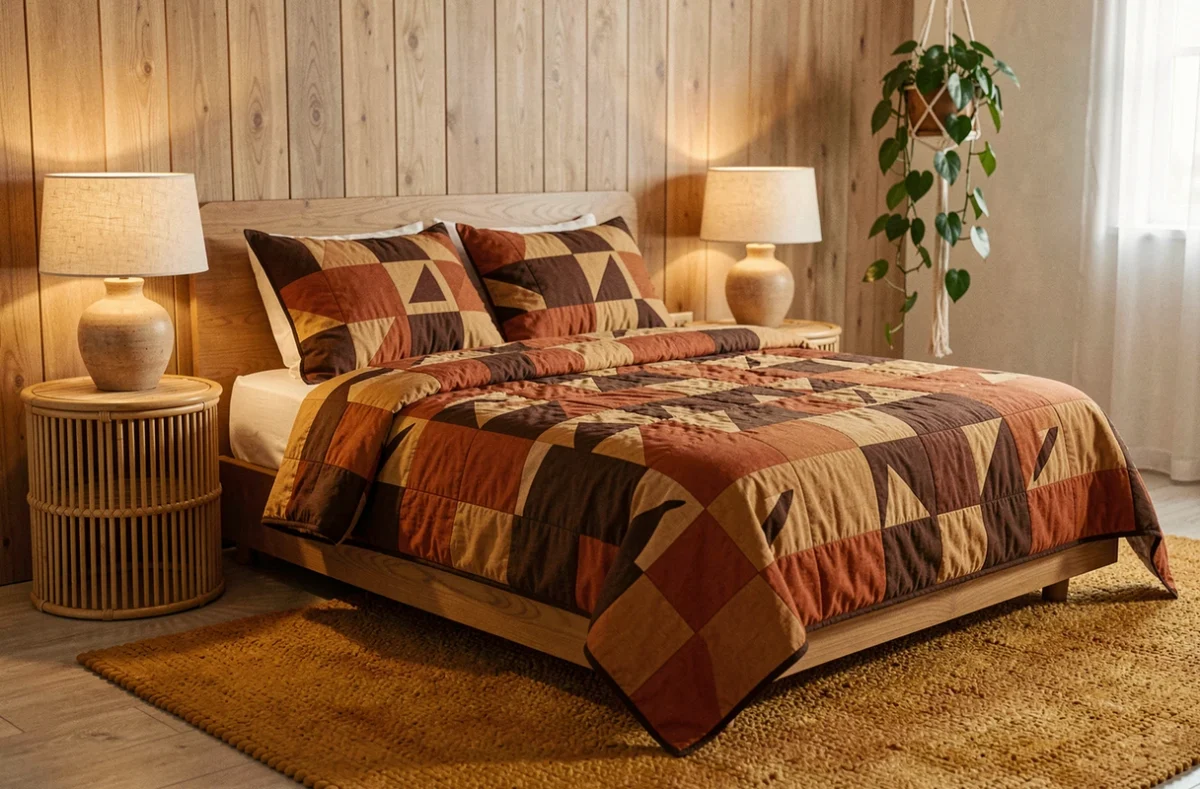 Chambre décorée dans un style années 70 avec lit plateforme, couvre-lit géométrique rouille et camel, tables de chevet en rotin