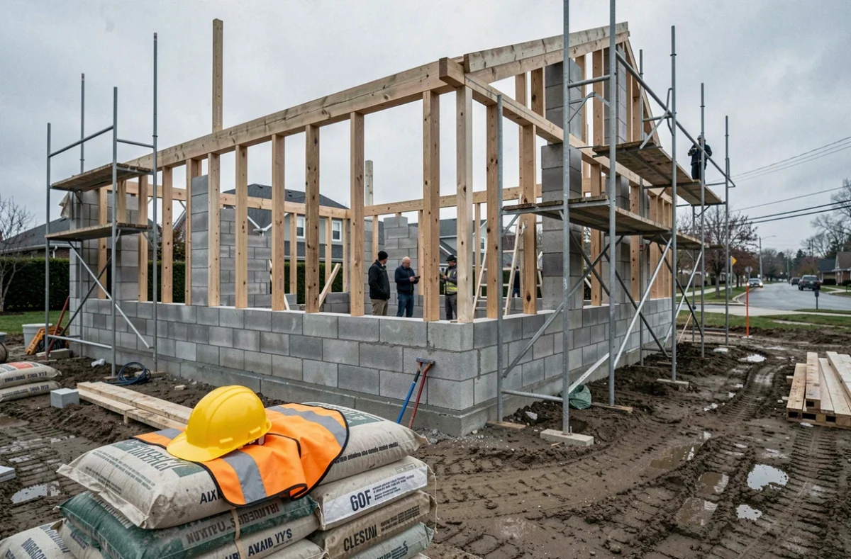 Chantier de construction de maison individuelle au stade du gros œuvre avec échafaudages et matériaux