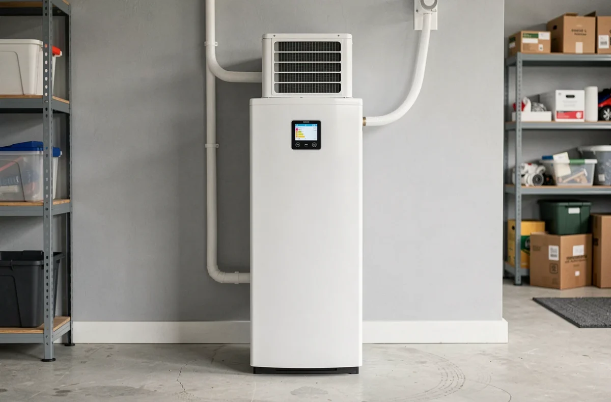 Chauffe-eau thermodynamique neuf installé dans un garage résidentiel avec panneau de contrôle numérique visible