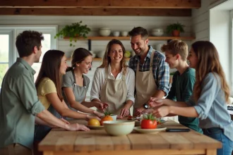 Famille réunie dans une cuisine de ferme rénovée, parents et enfants adultes partageant un moment chaleureux autour d'un îlot en bois