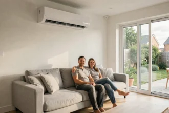 Climatiseur réversible mural blanc installé dans un salon moderne avec un couple détendu sur un canapé gris