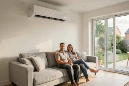 Climatiseur réversible mural blanc installé dans un salon moderne avec un couple détendu sur un canapé gris