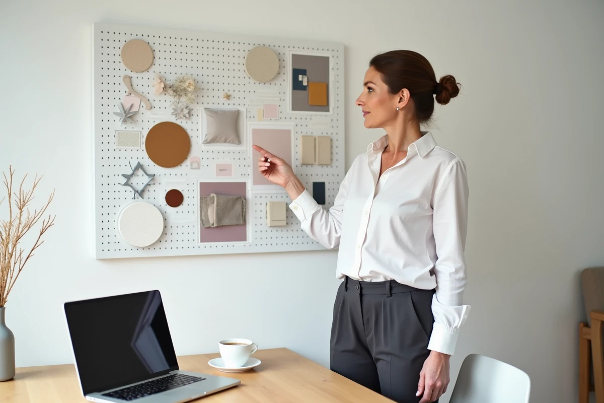 Coach en décoration intérieure présentant un tableau d'inspiration avec des échantillons de peinture et de tissus dans un bureau épuré de style scandinave