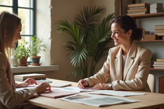Séance de coaching décoration intérieure avec une consultante en design présentant des nuanciers de couleurs et des échantillons de tissus à une cliente dans un studio de design parisien