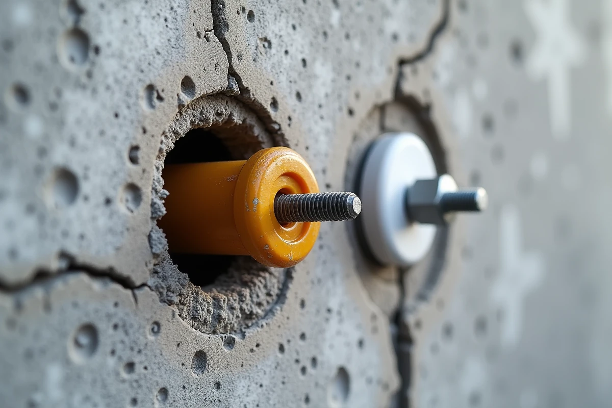 Comparaison entre une cheville chimique avec tige filetée et une cheville plastique classique fixées dans un mur en béton brut