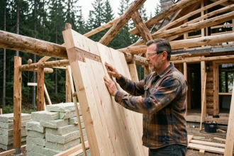 Charpentier assemblant des panneaux en bois lamellé-croisé sur le chantier d'un chalet écologique en forêt alpine