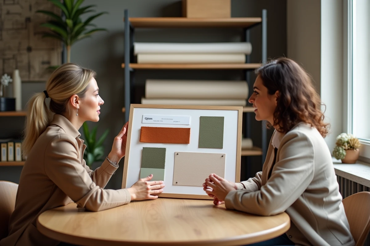 Consultation déco dans un studio à Lille avec présentation d'un moodboard couleurs et matières pour un projet d'aménagement intérieur