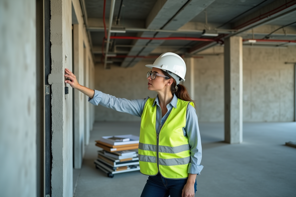 Inspectrice vérifiant le câblage électrique dans un bureau en rénovation