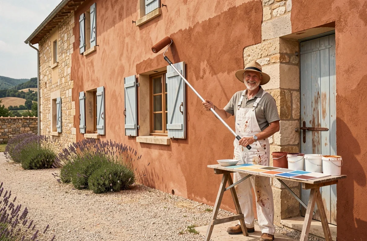 Peintre décorateur de Couleurs du Sud appliquant une peinture minérale terracotta sur la façade d'un mas provençal dans la campagne varoise, avec échantillons de couleurs et lavande en arrière-plan