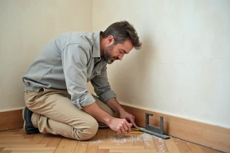 Artisan mesurant et marquant une plinthe en bois pour une coupe précise le long d'un mur irrégulier