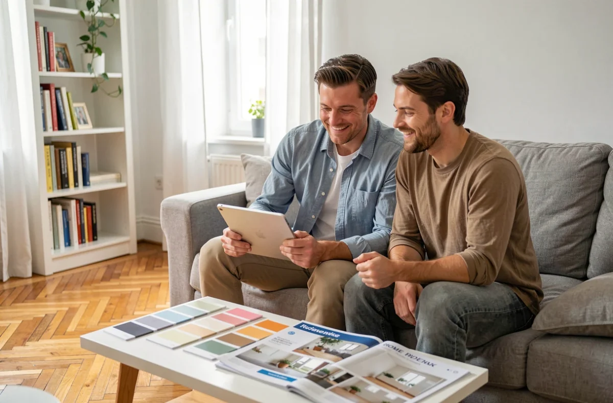 Couple utilisant une tablette pour explorer les aides à la rénovation sur agorenovation.fr depuis leur salon