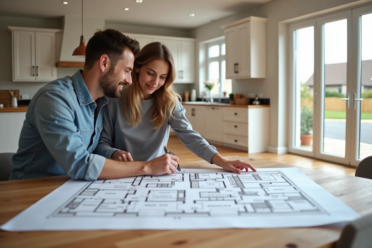 Couple étudiant les plans d'une maison 4 chambres avec suite parentale pour faciliter la revente immobilière